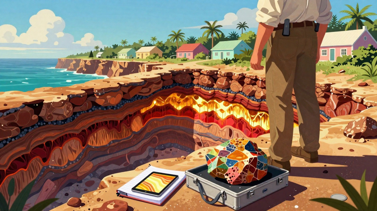 Homem observa uma grande cratera com camadas coloridas de terra perto da praia e casas ao fundo.