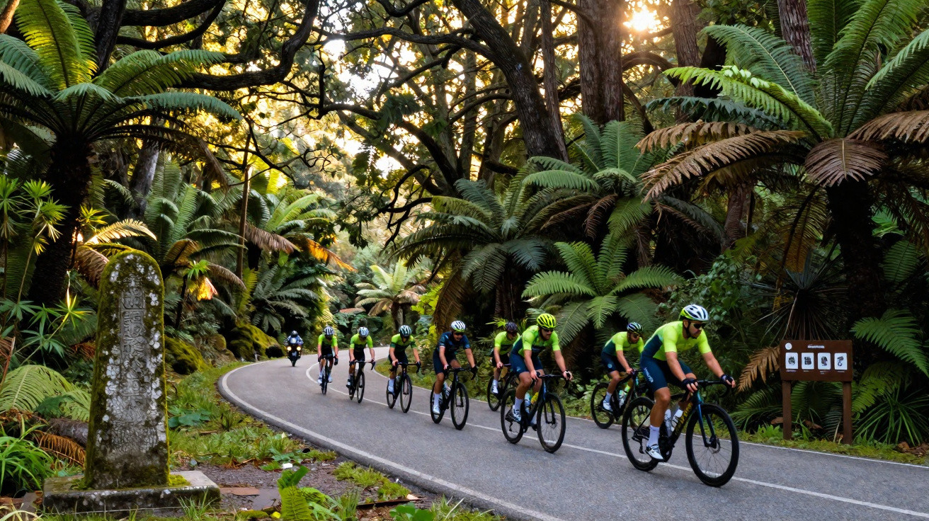Grupo de ciclistas pedalando em estrada cercada por floresta densa e vegetação exuberante ao amanhecer.