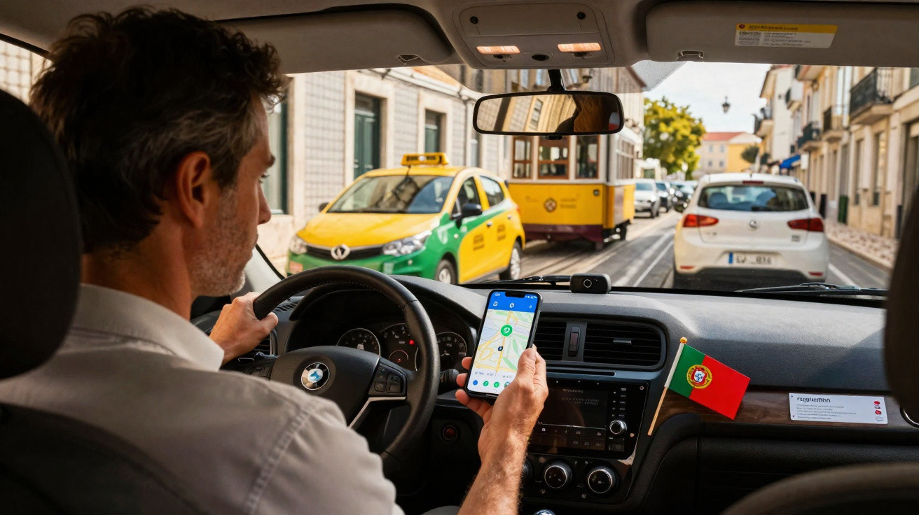 Homem dirigindo carro em Lisboa usando aplicativo de navegação com bandeira de Portugal no painel.