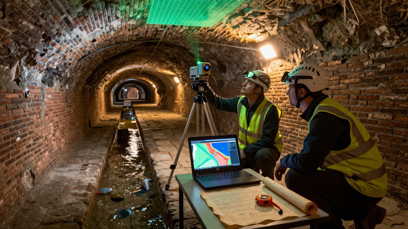 Dois engenheiros com capacetes e coletes refletivos realizam escaneamento em túnel subterrâneo com laptop e equipamentos.