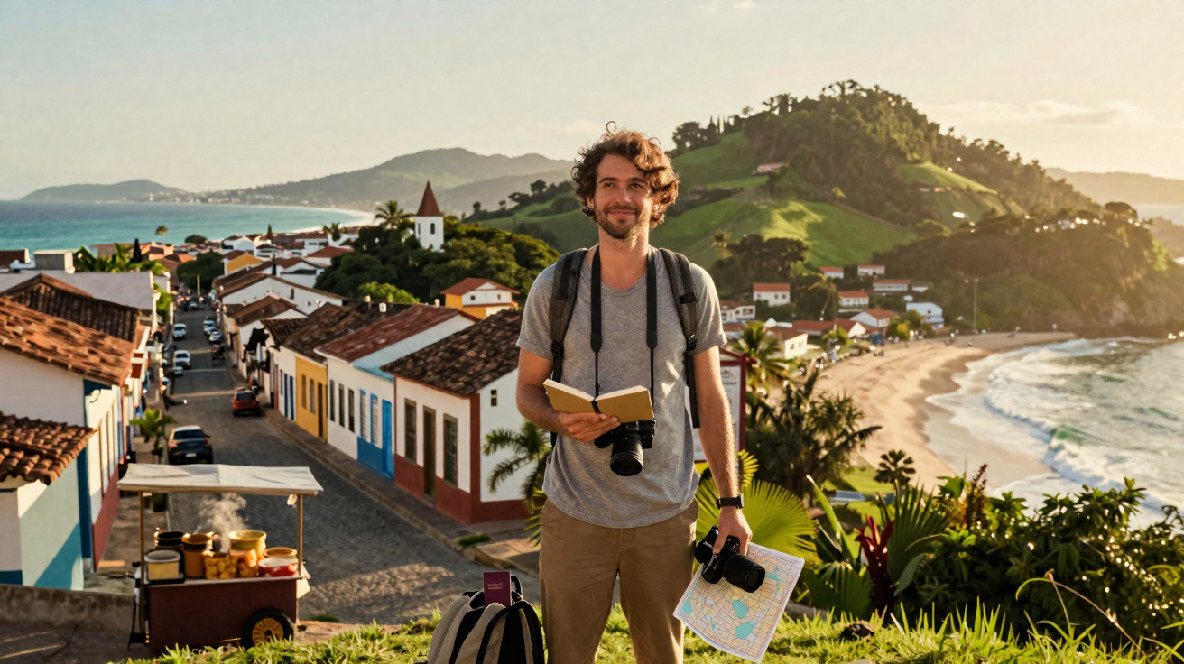 Homem jovem com câmera e mapa em mãos, em paisagem costeira com casas coloridas e praia ao fundo.