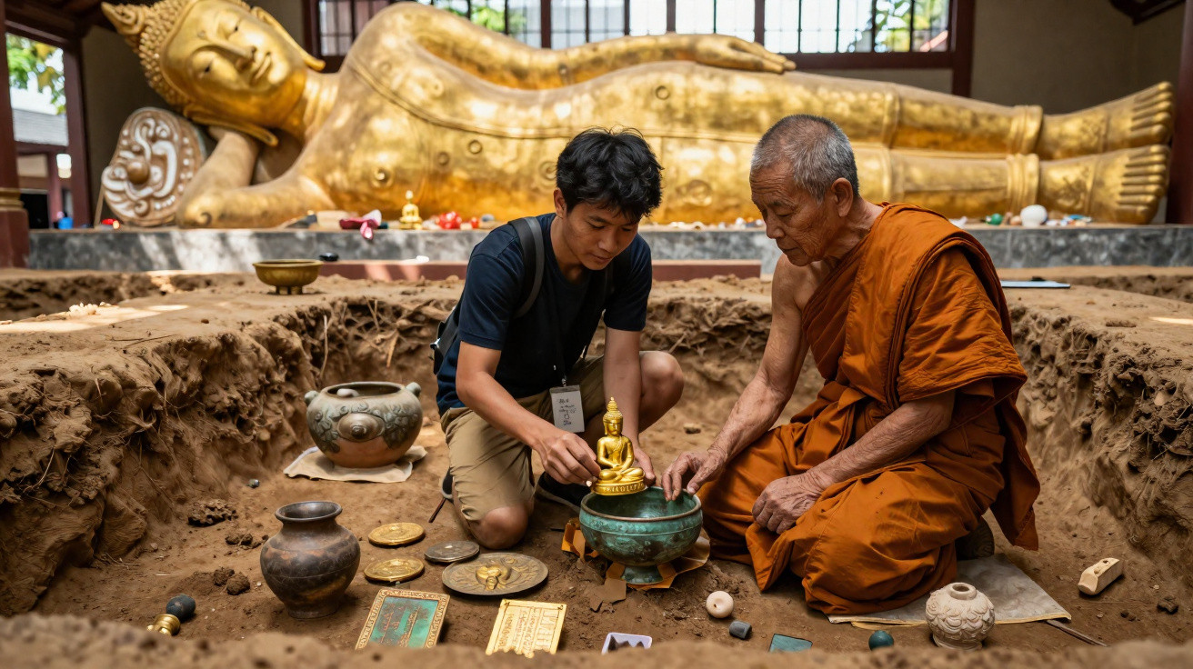 Dois homens manipulam artefatos arqueológicos próximos a uma estátua de Buda reclinado dourado.