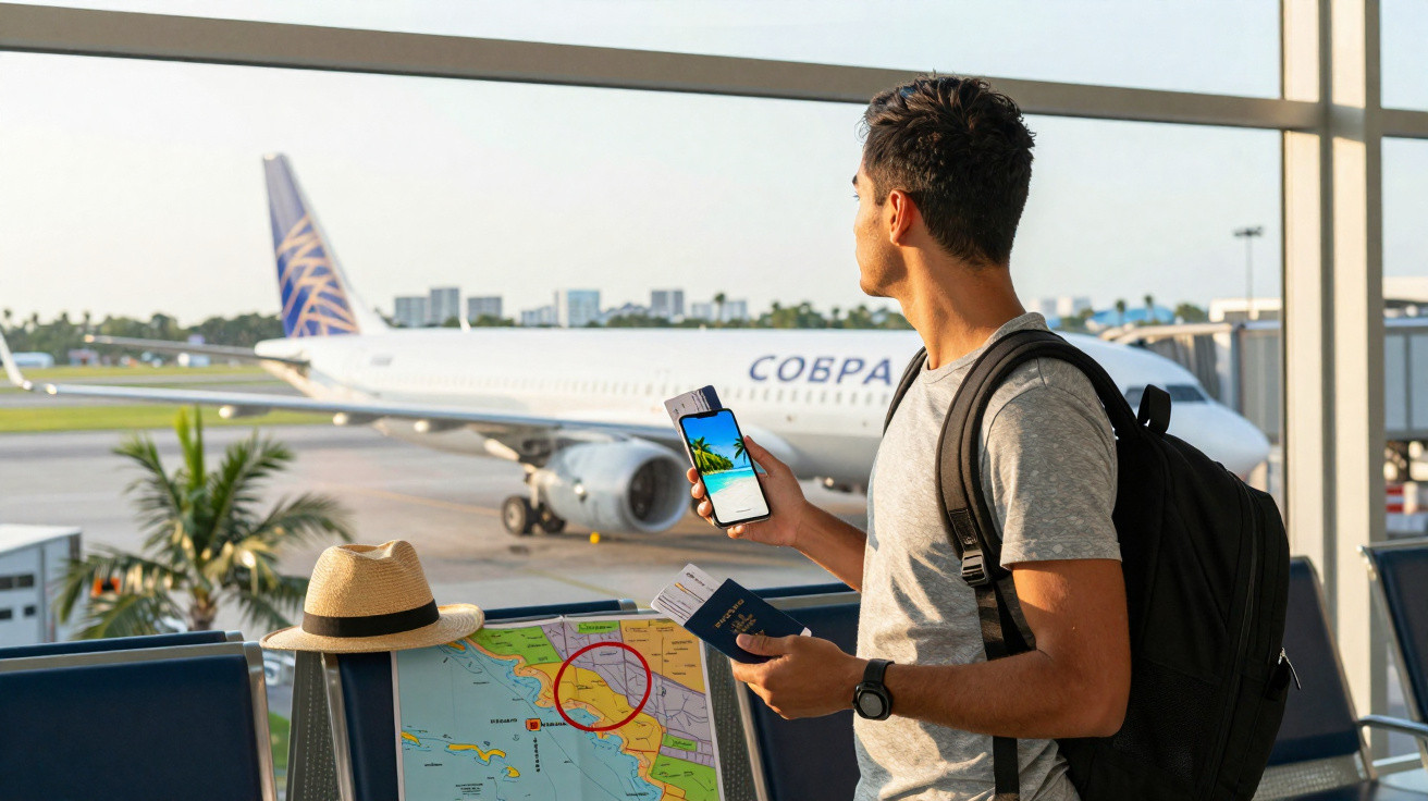 Homem com mochila observa avião do lado de fora do aeroporto segurando celular, passaporte e bilhete aéreo.