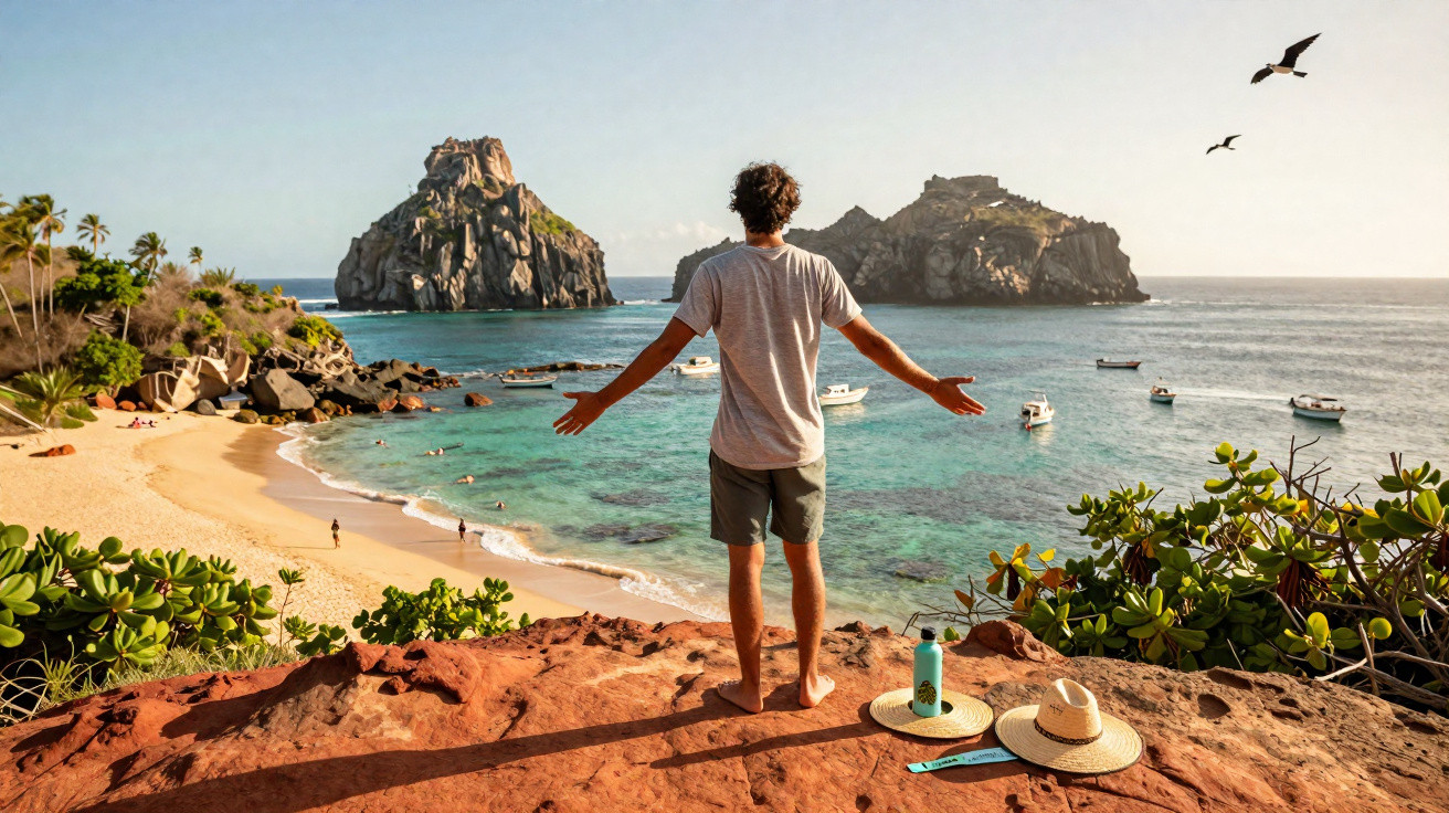Homem de costas com braços abertos observa praia com ilhas, barcos e gaivotas sob céu claro.