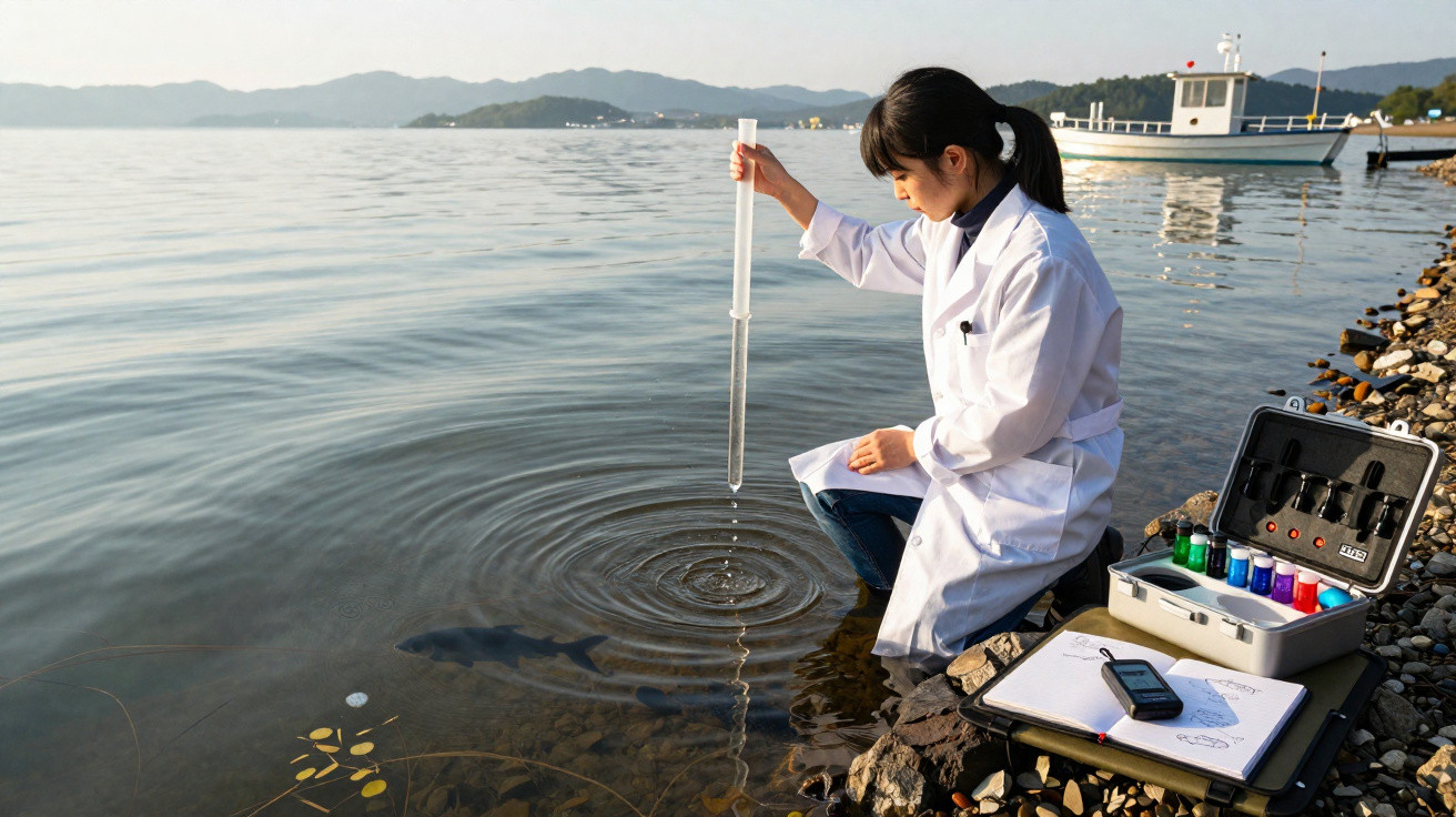 Mulher cientista coleta amostra de água de rio com tubo medidor, equipada com kit de análise química à margem.