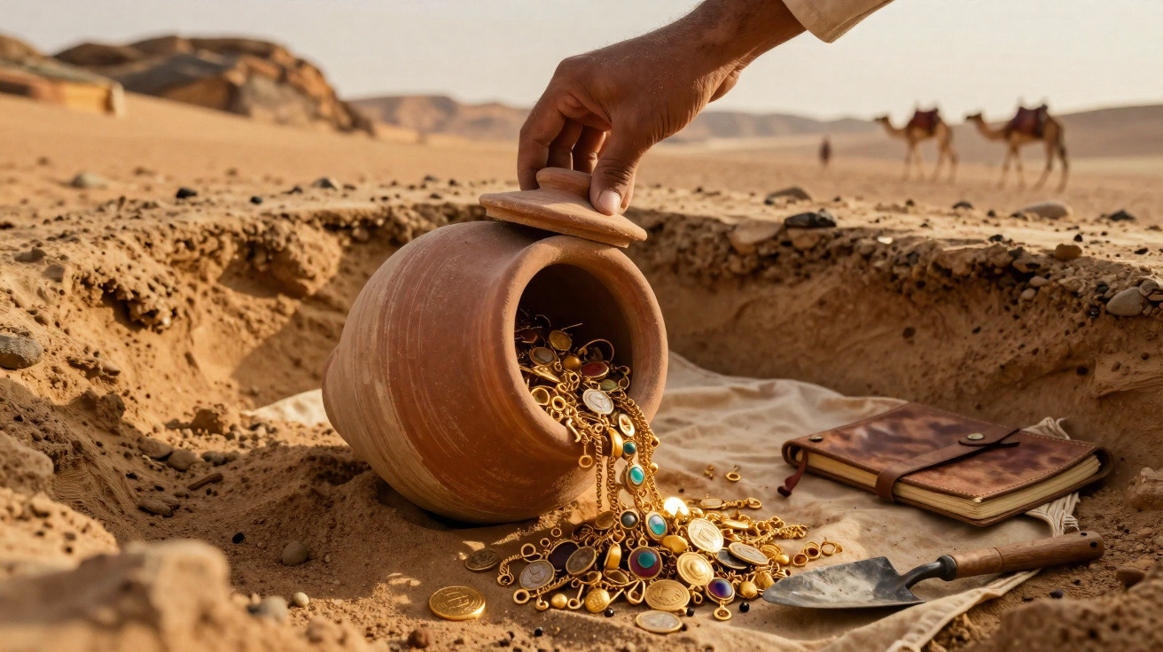 Mão abrindo pote de barro com joias douradas e moedas enterrado na areia do deserto com camelos ao fundo.