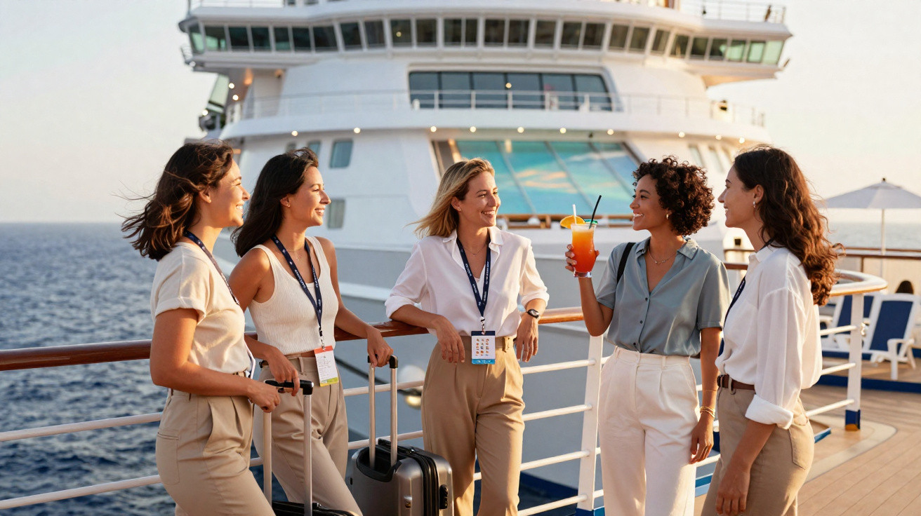 Cinco mulheres conversando e sorrindo no convés de um navio de cruzeiro com malas ao lado.