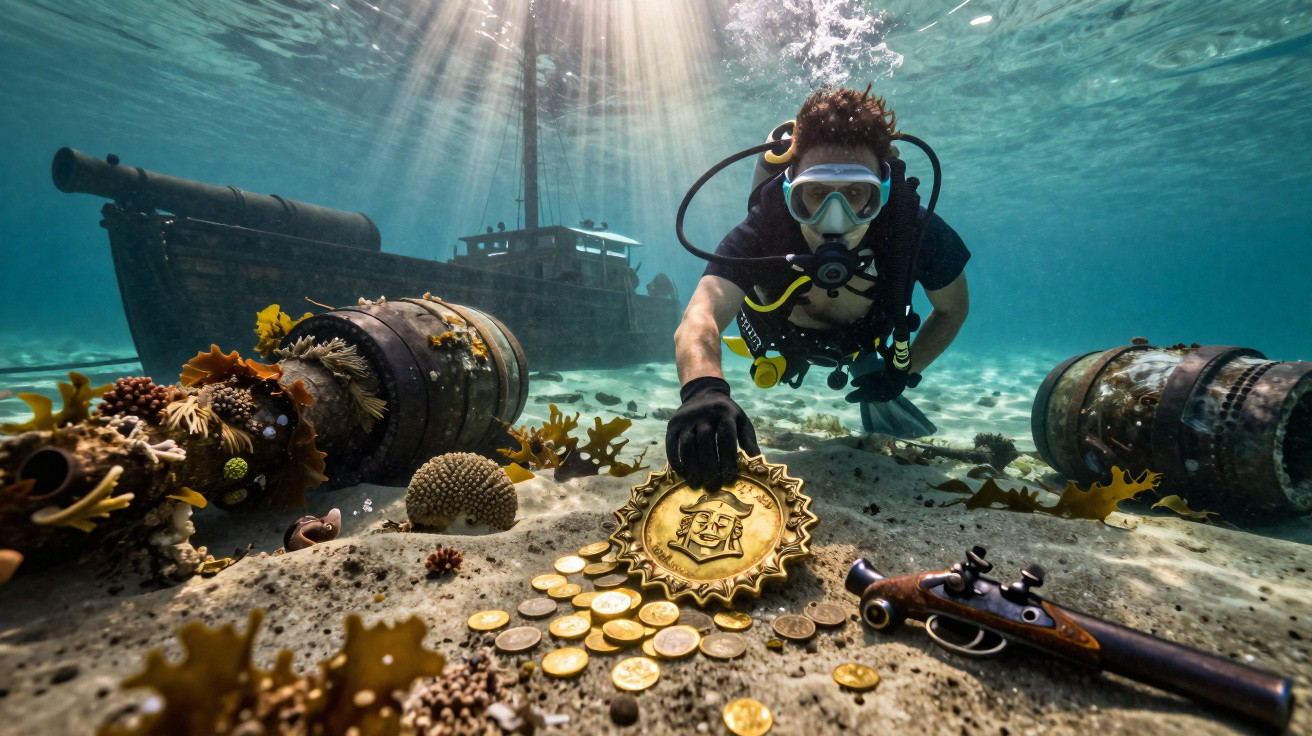 Mergulhador explorando um tesouro com moedas de ouro e navio afundado no fundo do mar.