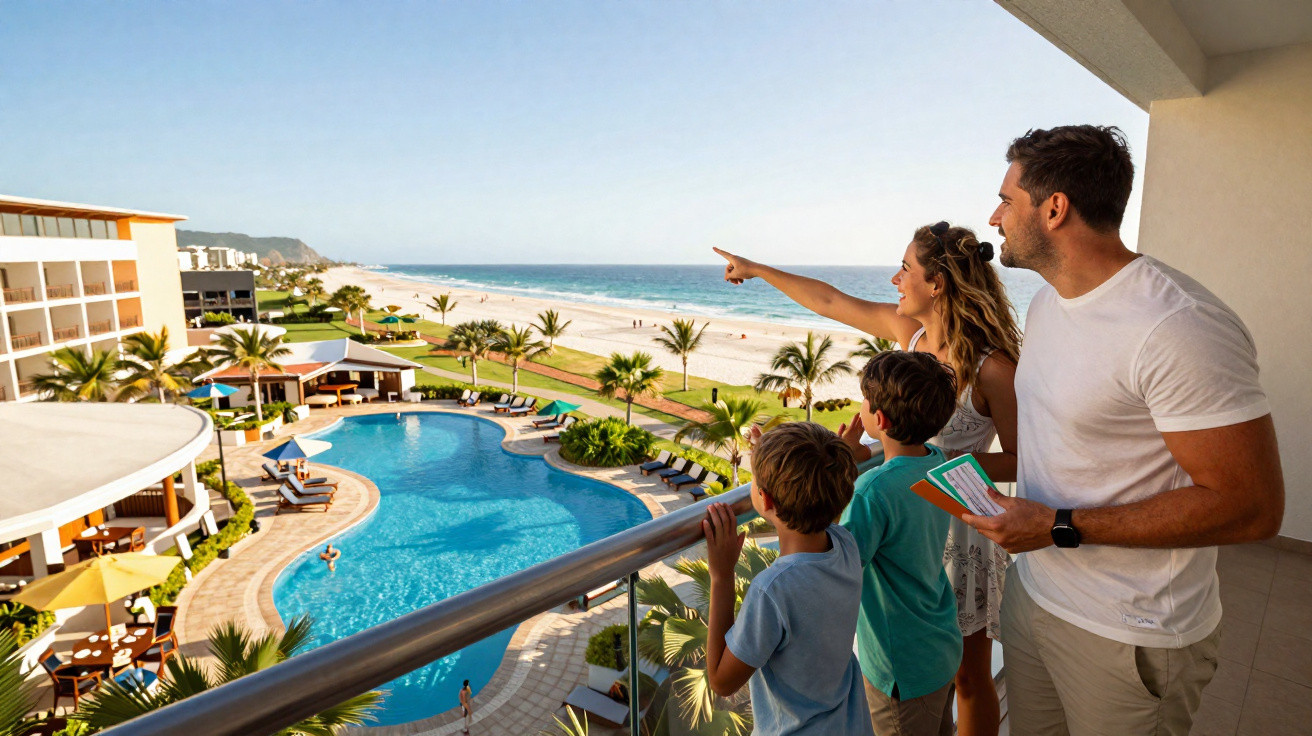 Família observa a praia e piscina de resort a partir da varanda de um hotel em dia ensolarado.