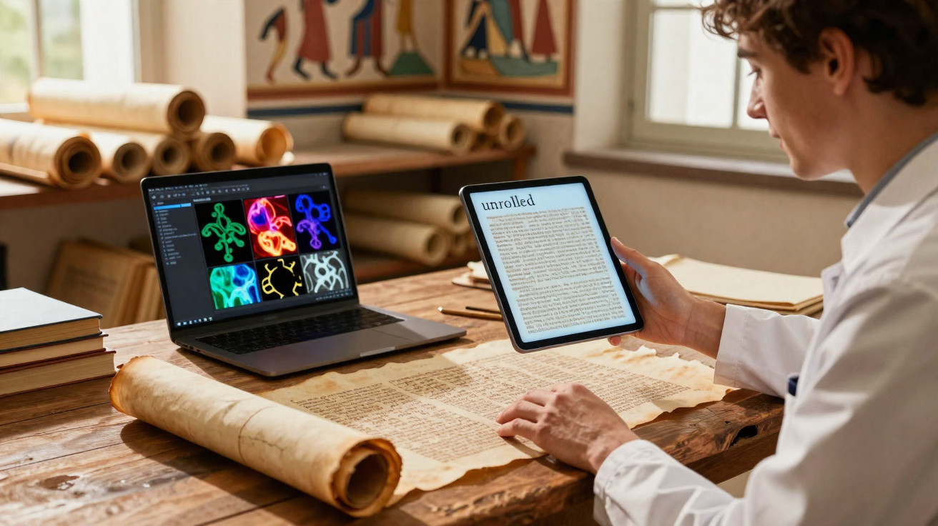Pesquisador analisa pergaminho antigo com tablet e laptop em mesa de madeira, em sala iluminada.