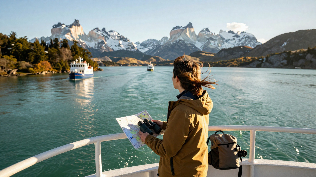 Mulher com casaco marrom segura mapas e binóculos em barco, com montanhas nevadas e água ao fundo.