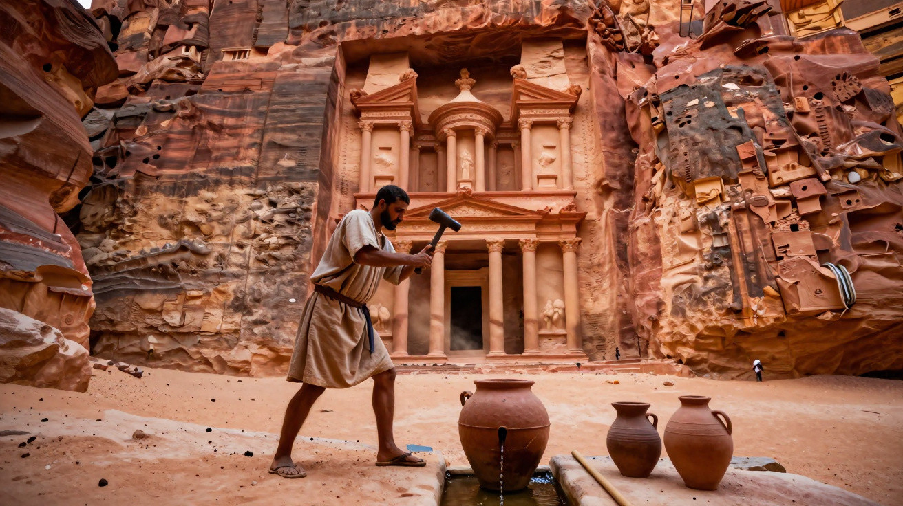 Homem com roupa antiga bate vaso de barro em frente ao Tesouro de Petra, Jordânia, esculpido na rocha vermelha.