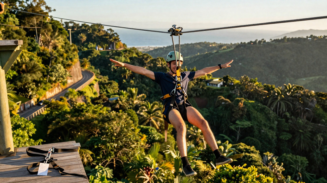 Pessoa descendendo em tirolesa sobre área verde com colinas e estrada ao fundo.