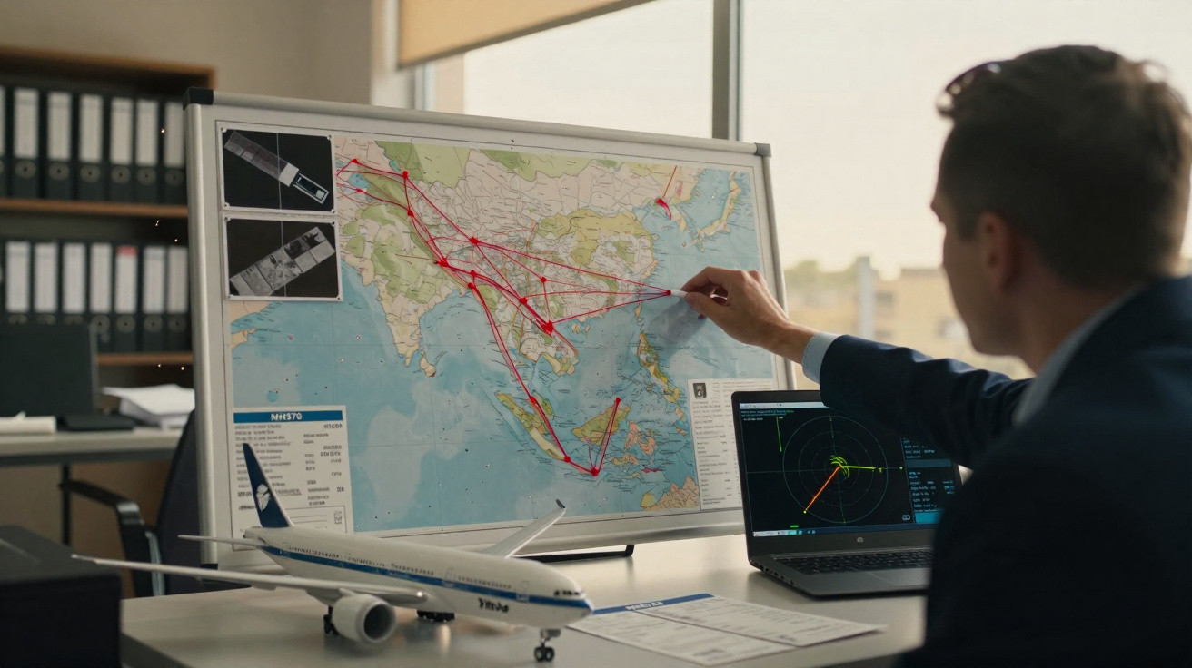 Homem organiza rotas em mapa de Ásia com linhas vermelhas, modelo de avião e radar em laptop na mesa.