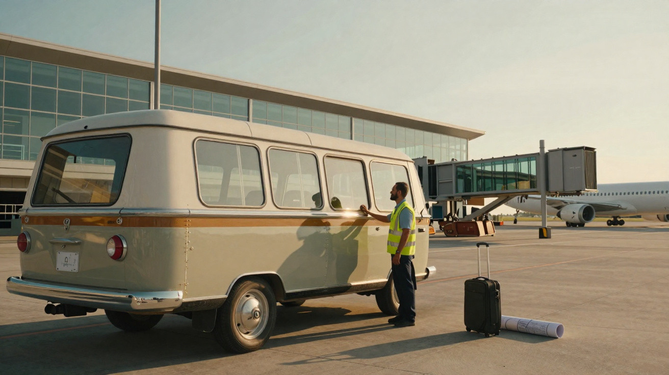 Homem com colete refletivo ao lado de van antiga cinza no pátio de aeroporto ao entardecer.