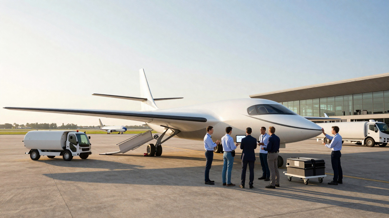 Grupo de pessoas em reunião perto de avião moderno branco em aeroporto ao pôr do sol.