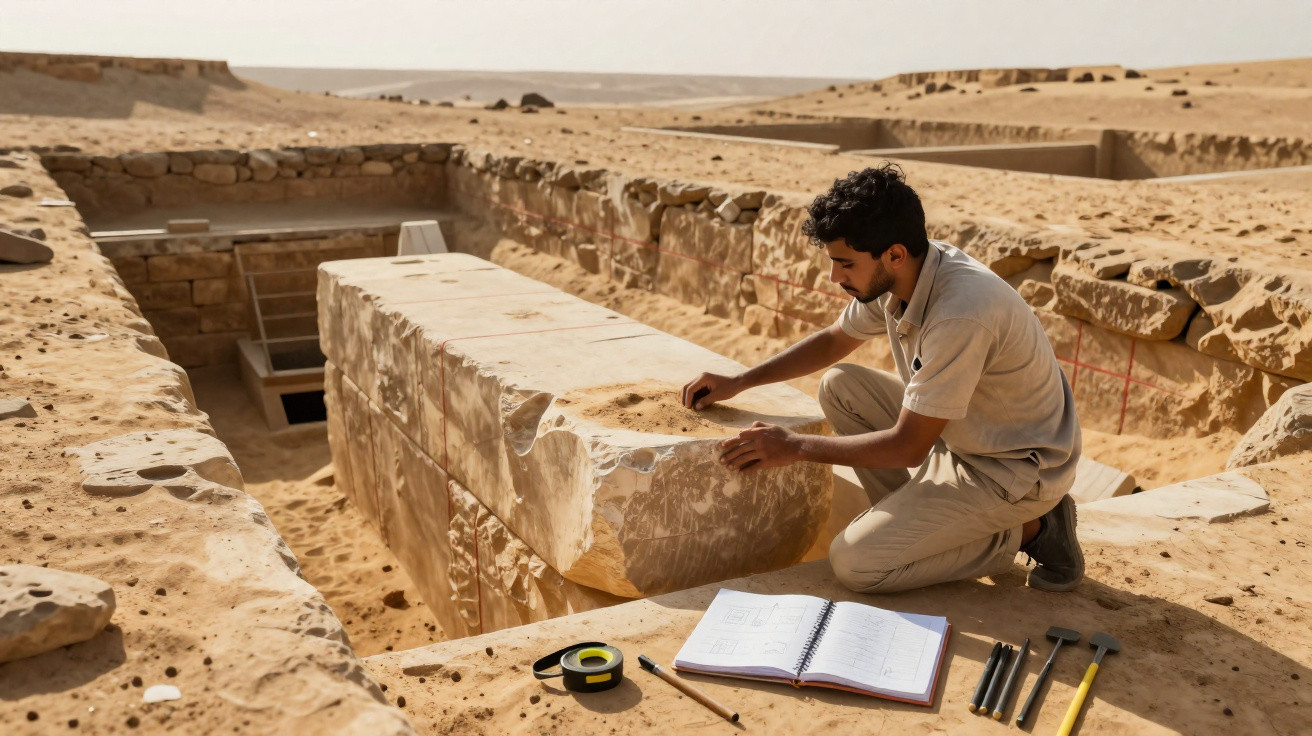 Arqueólogo examina fragmento de pedra em escavação arqueológica no deserto com ferramentas e caderno aberto.