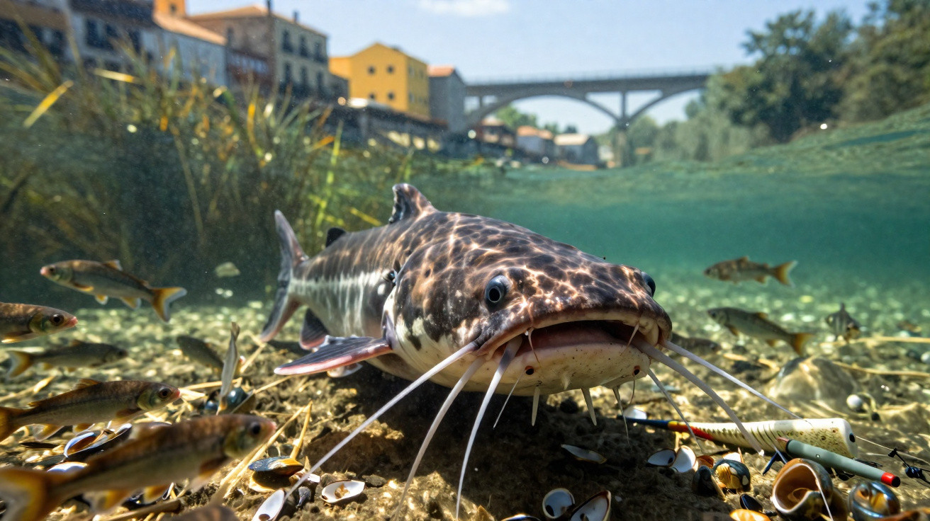 Peixe bagre grande no rio com peixes menores, cascalho e conchas, com pontes e casas ao fundo em dia ensolarado.