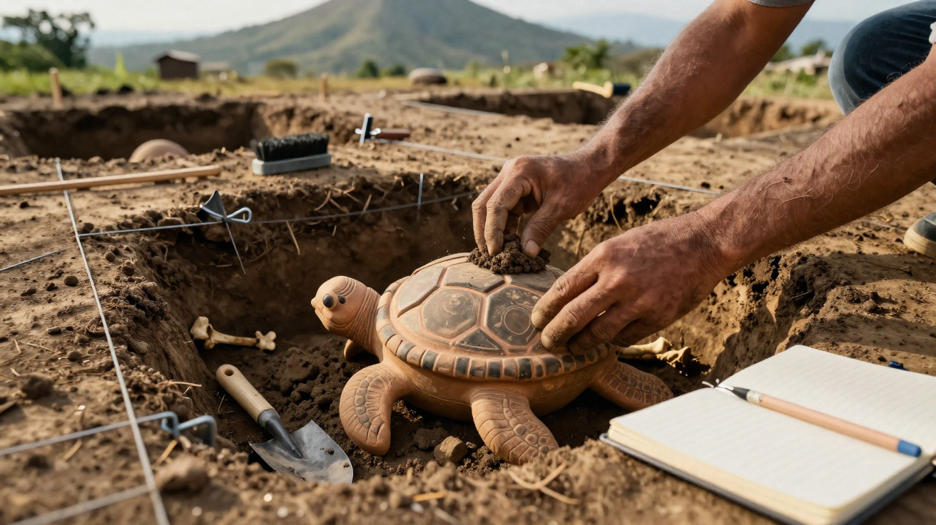 Mãos colocando terra em tartaruga de cerâmica durante escavação arqueológica em área aberta com montanhas ao fundo.