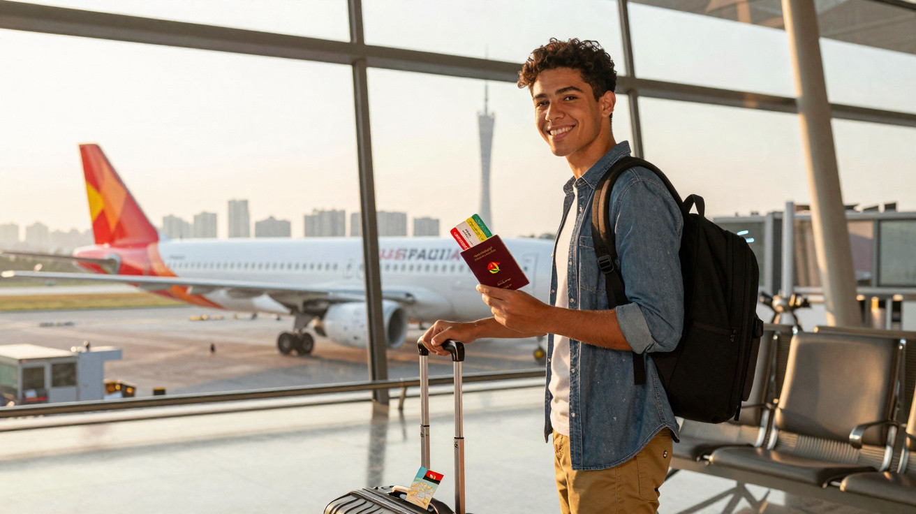 Jovem sorridente no aeroporto com mochila, mala e passaporte pronto para embarque.