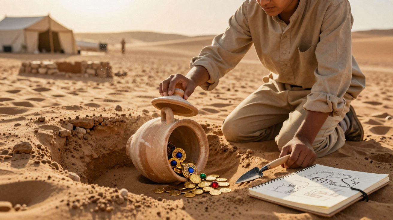 Pessoa desenterrando jarro com moedas e joias no deserto, próximo a caderno de anotações e pá pequena.
