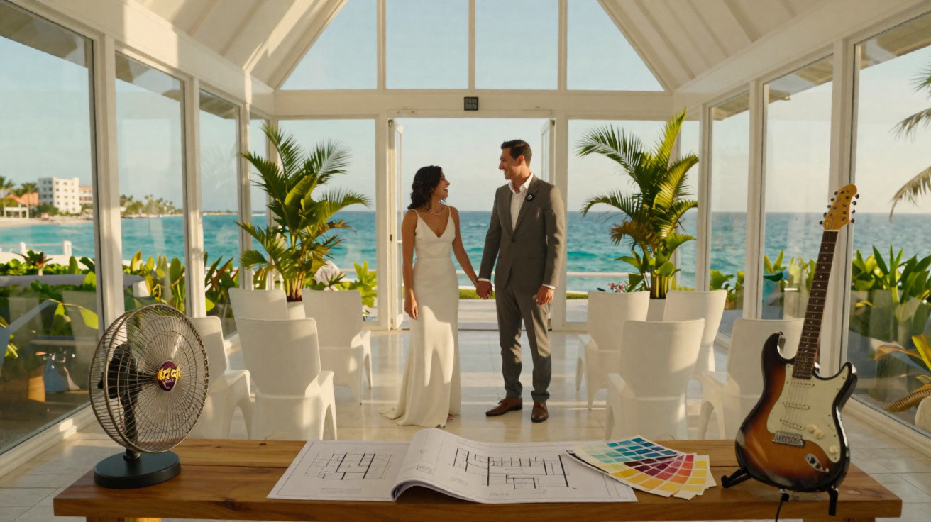 Casal vestido para casamento em salão claro com vista para o mar, plantas e decoração simples.