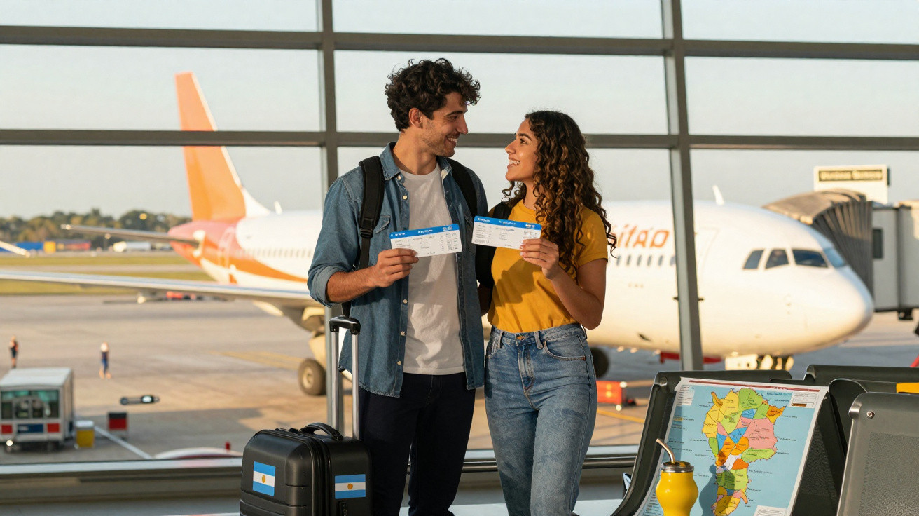 Casal sorridente com passagens e bagagem no aeroporto com avião ao fundo na área de embarque.