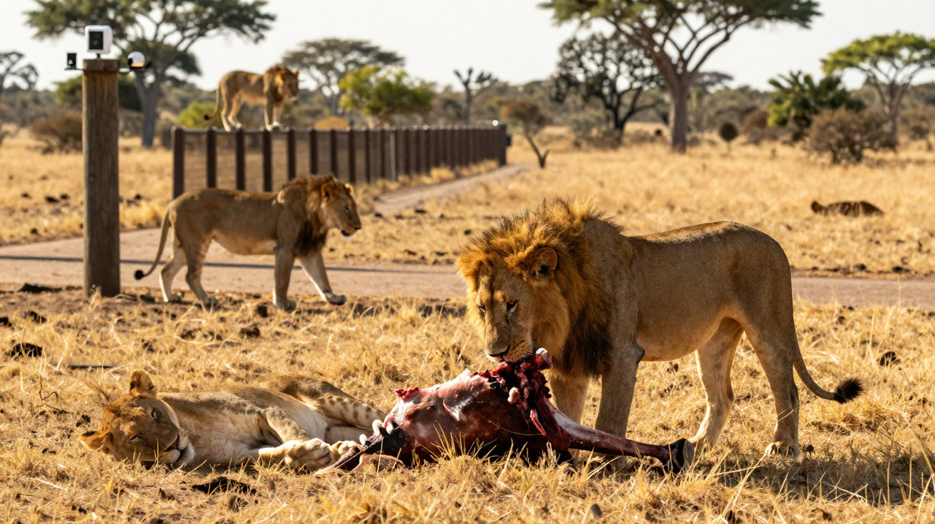 Leões em uma savana seca comendo uma carcaça e outro deitado ao lado.