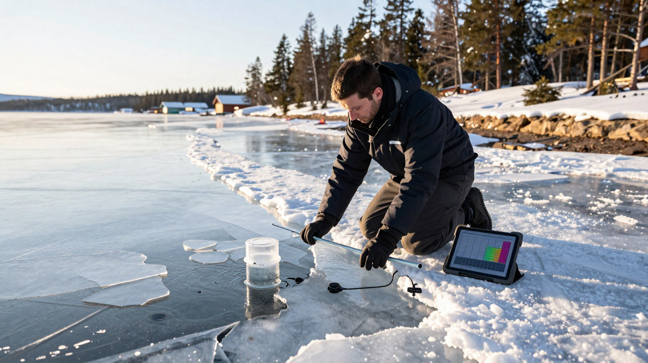 Homem coleta amostra de gelo em lago congelado, usando tablet para análise em área nevada e arborizada.