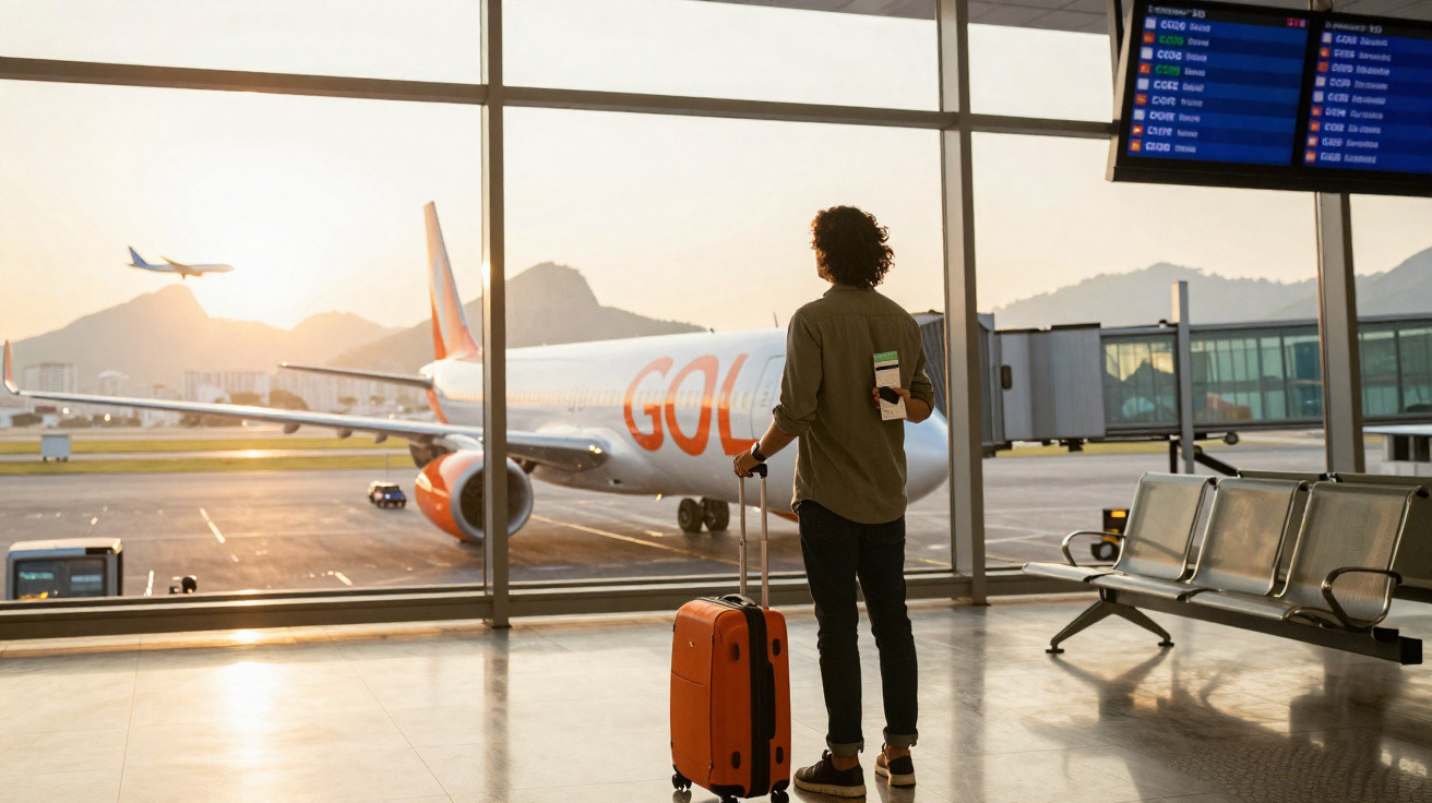 Pessoa com mala laranja espera voo na área de embarque com avião da Gol ao fundo durante o pôr do sol.
