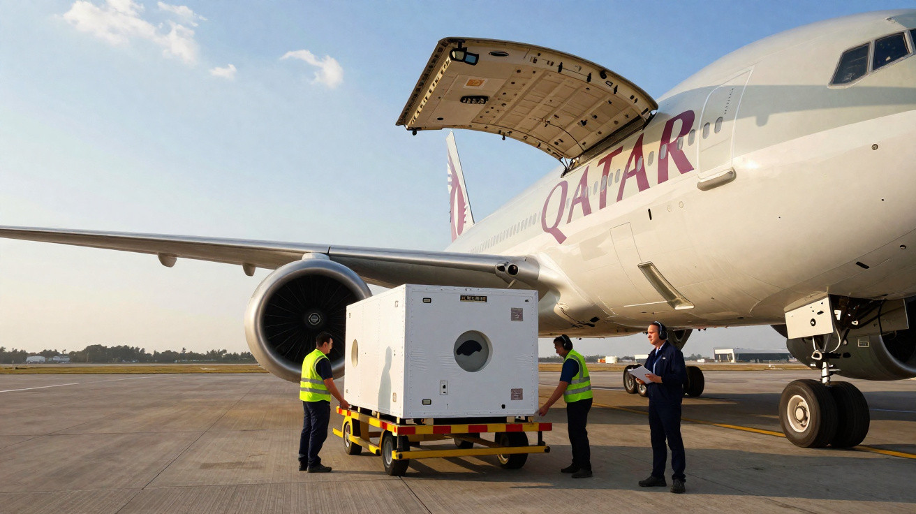 Funcionários carregam carga especial em avião Qatar Airways no aeroporto ao entardecer.