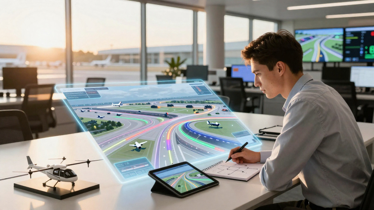 Jovem analisa simulação digital de tráfego aéreo em escritório moderno com helicóptero em miniatura na mesa.