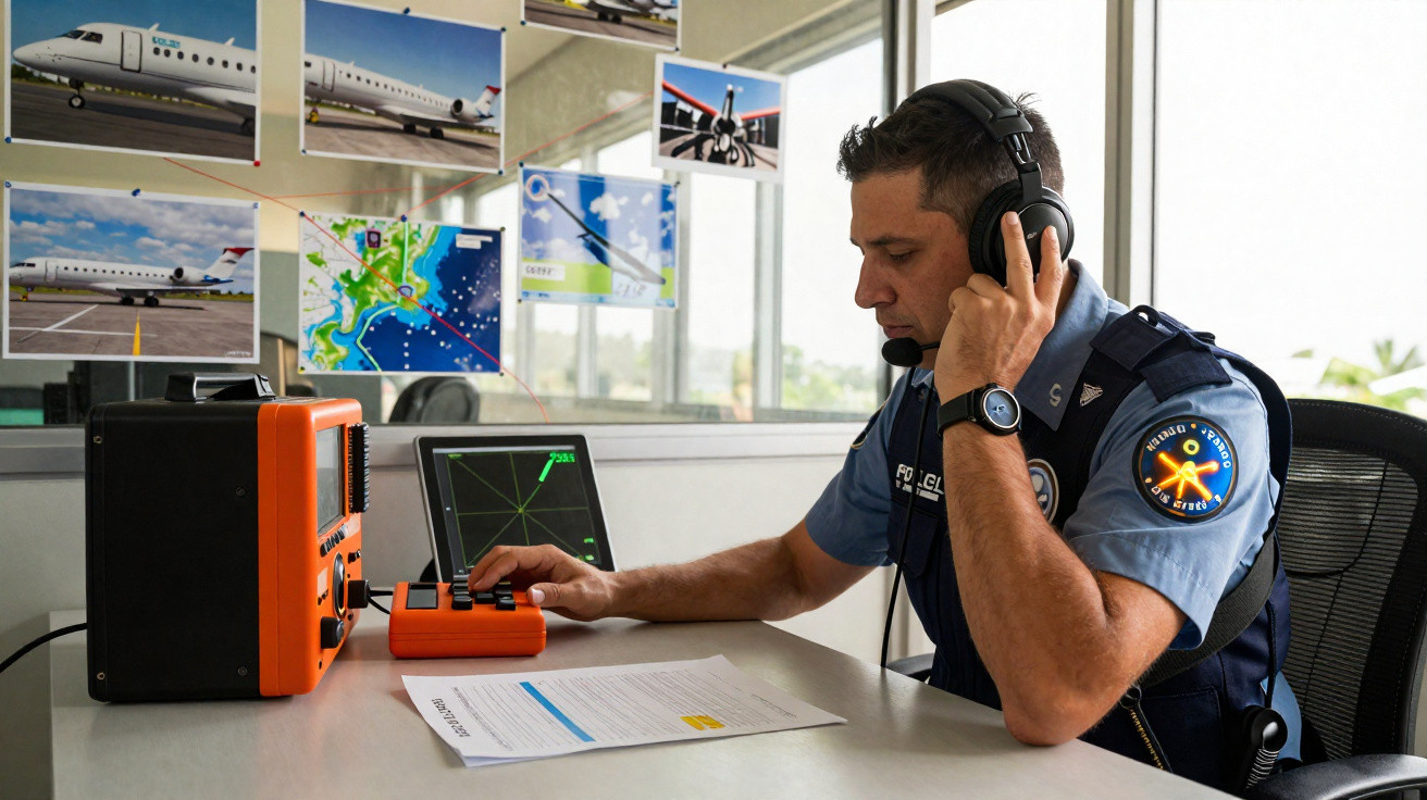 Homem com fone de ouvido operando rádio e monitor de radar em estação de controle aeronáutico.