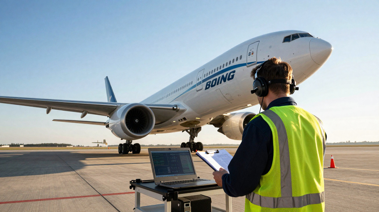 Homem com colete refletivo verifica dados em laptop próximo a avião Boeing no aeroporto sob céu claro.
