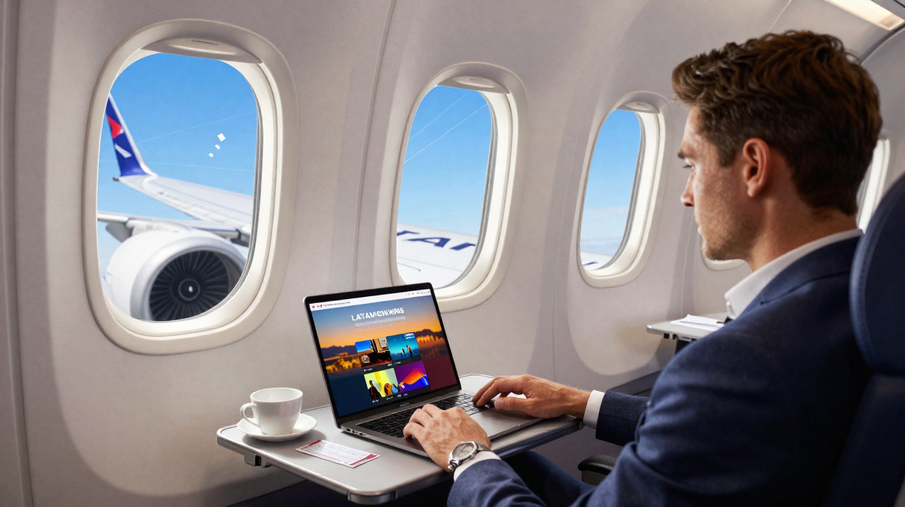 Homem trabalhando em laptop dentro de avião com janela mostrando asa e motor da aeronave.