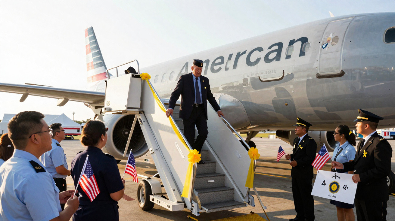 Piloto descendo escada de avião da American Airlines, cercado por equipe com bandeiras dos EUA e faixas amarelas.