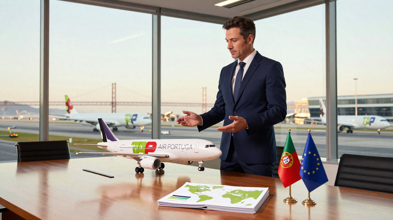 Homem de terno azul apresenta maquete de avião TAP Air Portugal em escritório com vista para aeroporto.