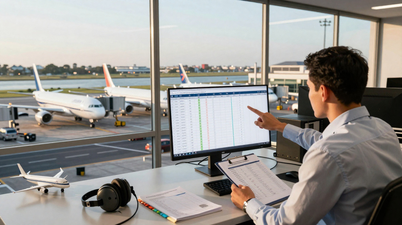 Homem em escritório no aeroporto monitora voos no computador com aviões estacionados na pista ao fundo.
