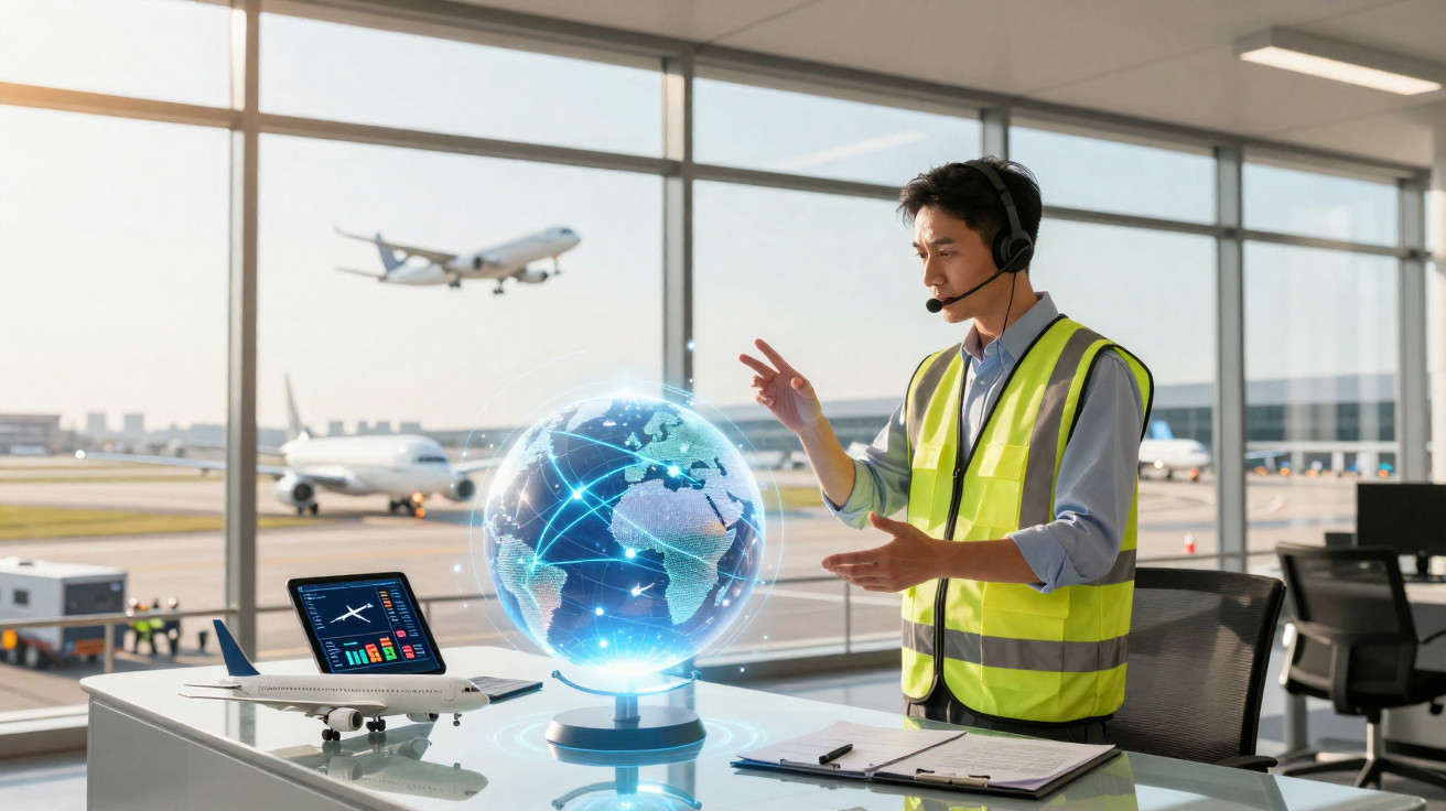 Homem com colete refletivo e headset opera holograma de globo terrestre em aeroporto ao fundo aviões.
