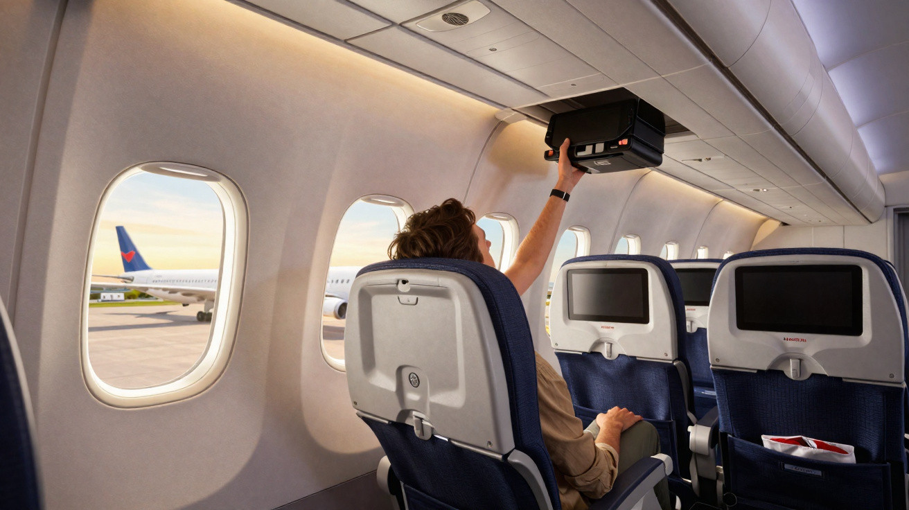 Passageiro guardando bagagem de mão no compartimento superior de avião comercial.