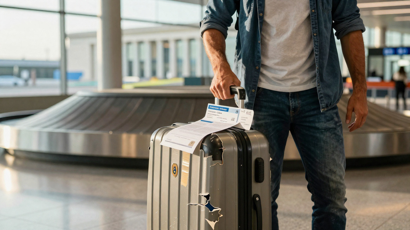 Homem segurando mala de viagem danificada com etiqueta de despacho em aeroporto.