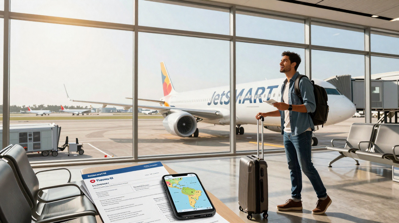 Jovem com mochila e mala observa avião da Jetsmart no aeroporto, com celular e passaporte na mesa próxima.