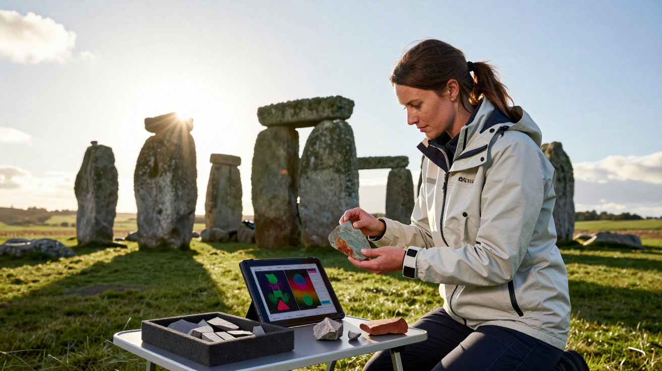 Mulher analisando pedras com tablet em mesa diante das pedras de Stonehenge ao pôr do sol.