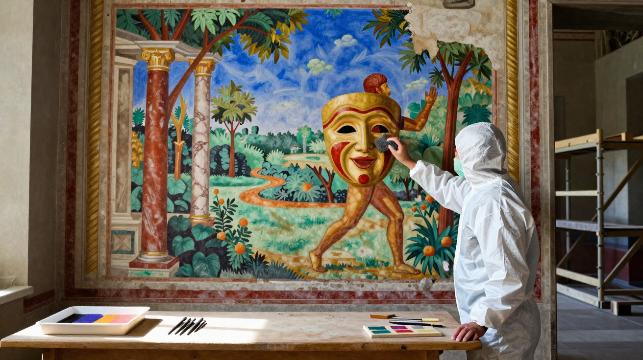 Pessoa com roupa protetora restaura pintura mural colorida de figura mitológica com máscara no rosto e fundo natural.