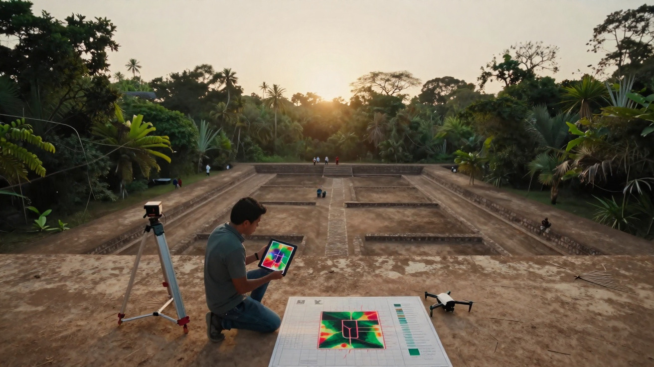 Homem usando tablet para análise de mapa térmico em sítio arqueológico ao pôr do sol cercado por vegetação.