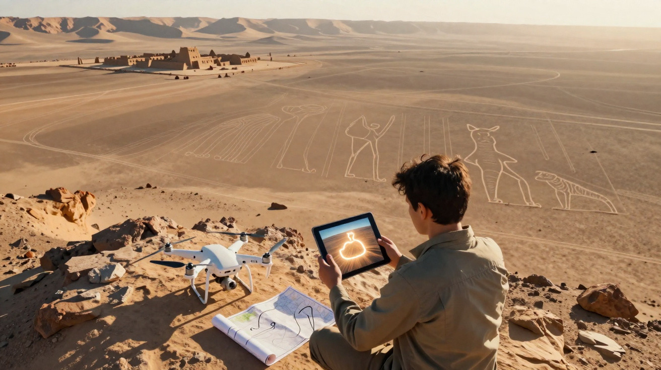 Homem observa desenhos antigos no deserto, usando tablet ao lado de drone e mapa, com montanhas ao fundo.