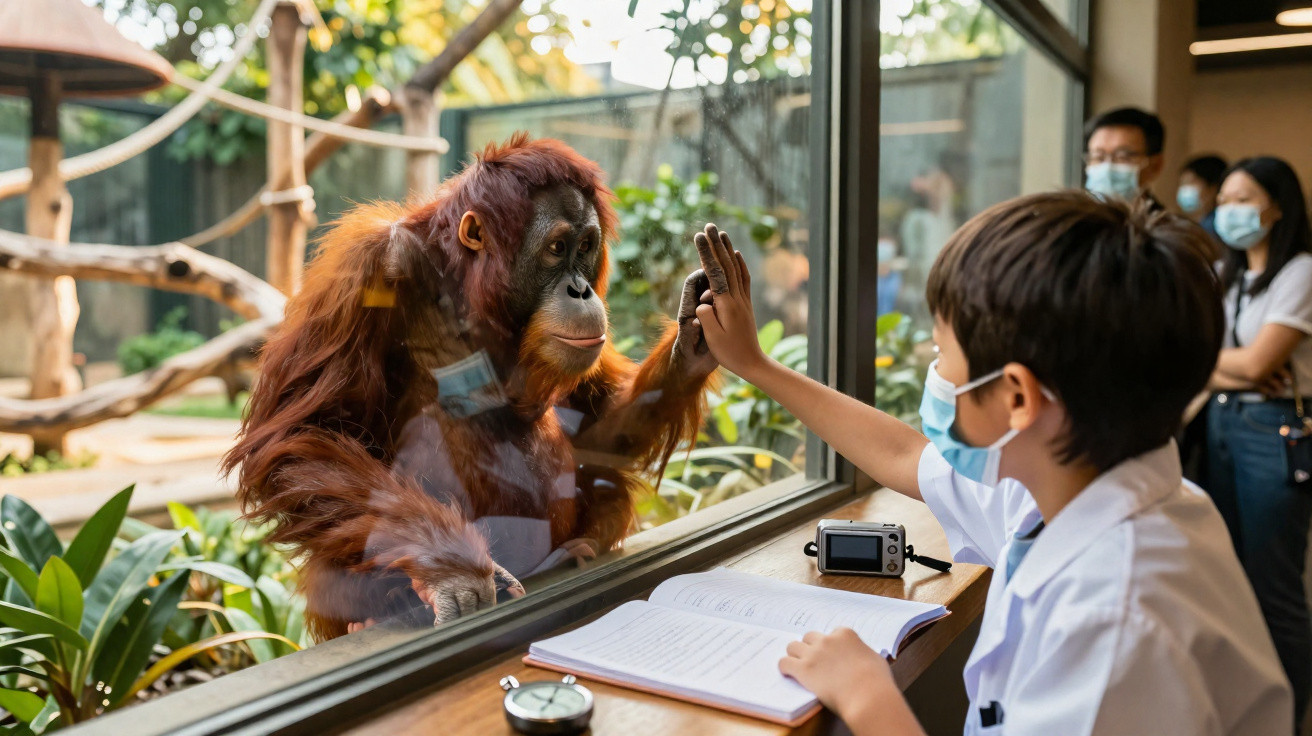 Orangotango e menino de máscara fazem contato com as mãos por vidro em ambiente de zoológico.