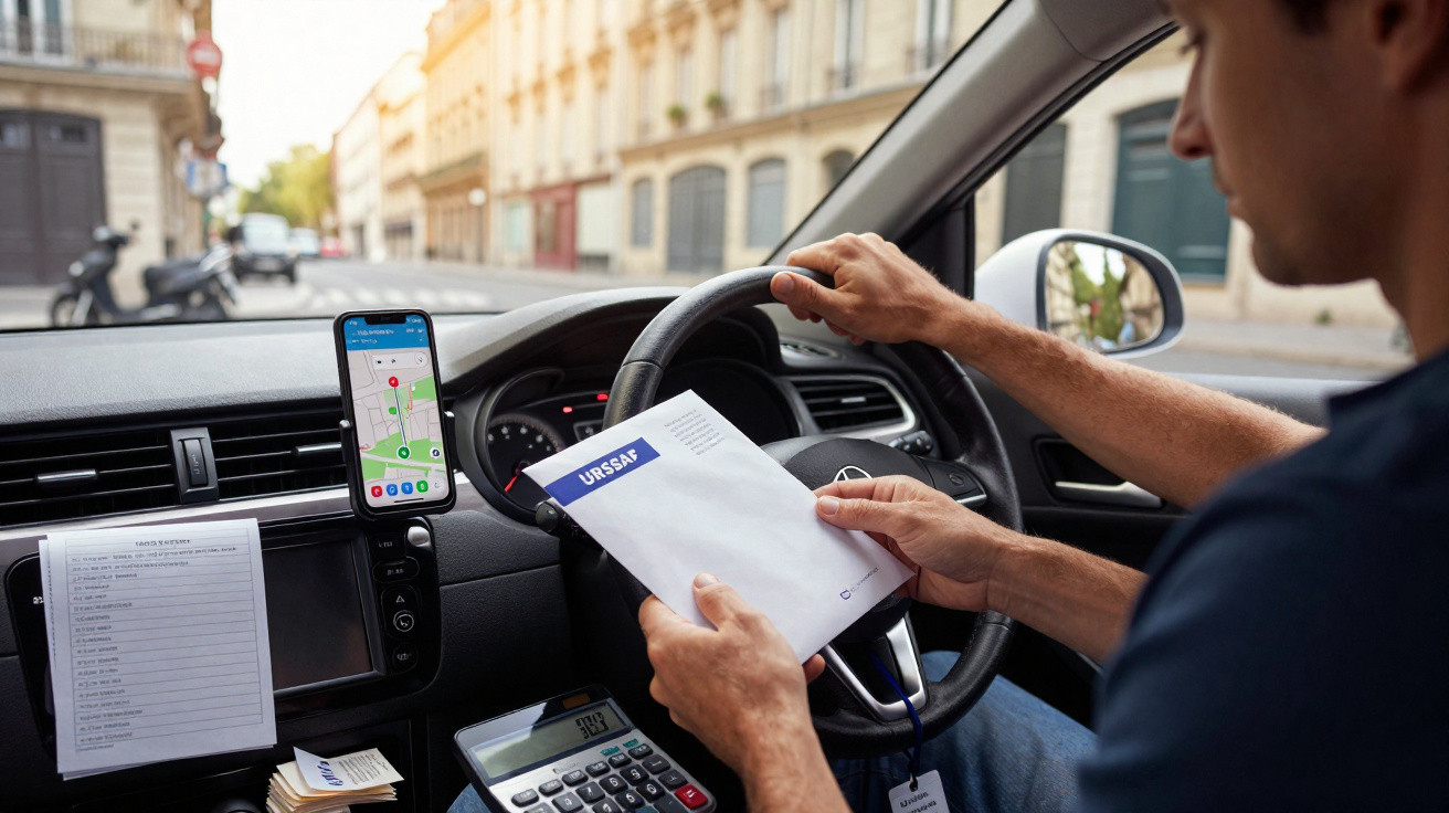 Homem dirige carro e segura envelope com logo URSSAF enquanto consulta GPS no celular.
