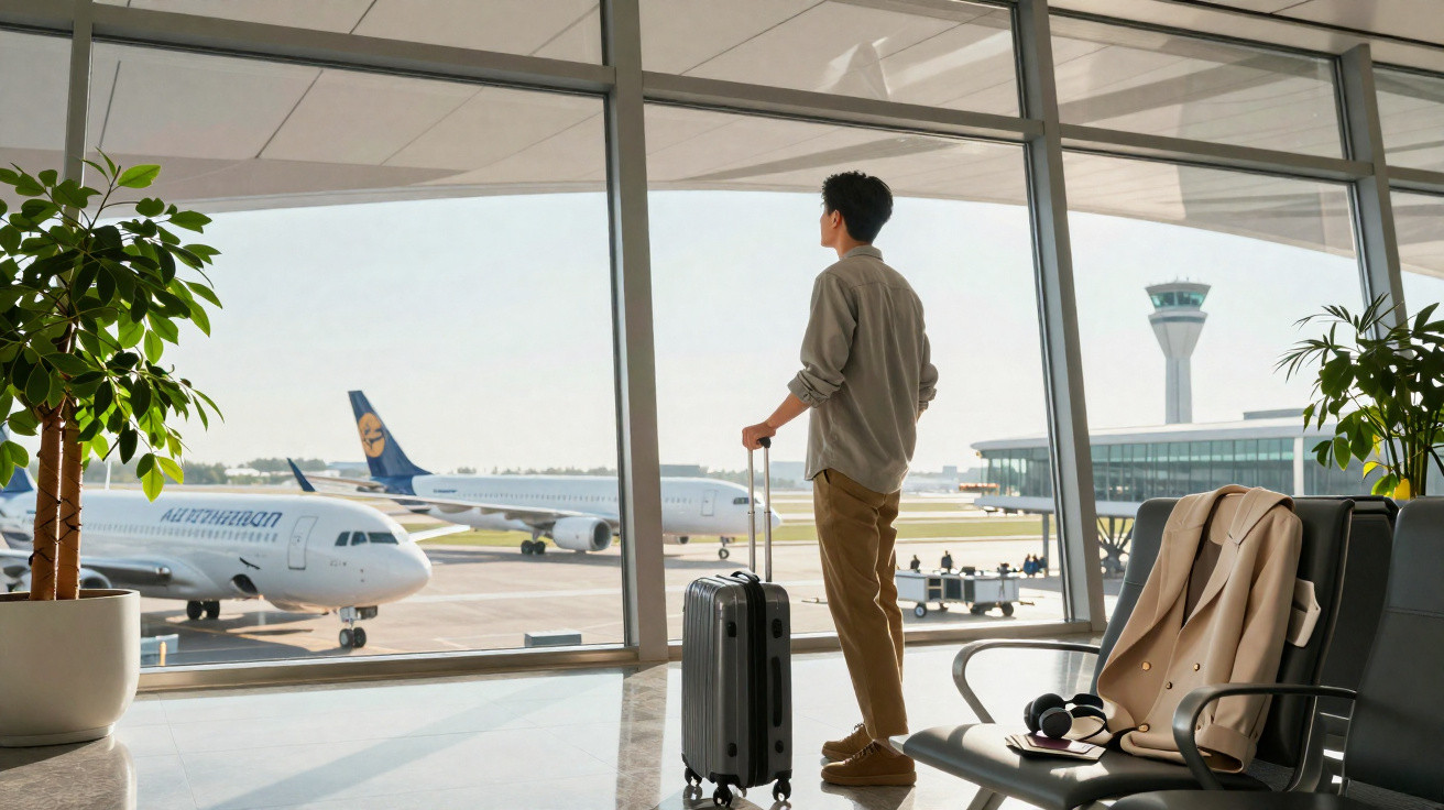 Homem com mala observa aviões no portão de embarque de aeroporto moderno e iluminado.