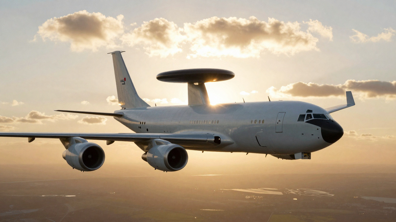 Avião E-3 Sentry com radar giratório voando ao entardecer sobre a paisagem terrestre.